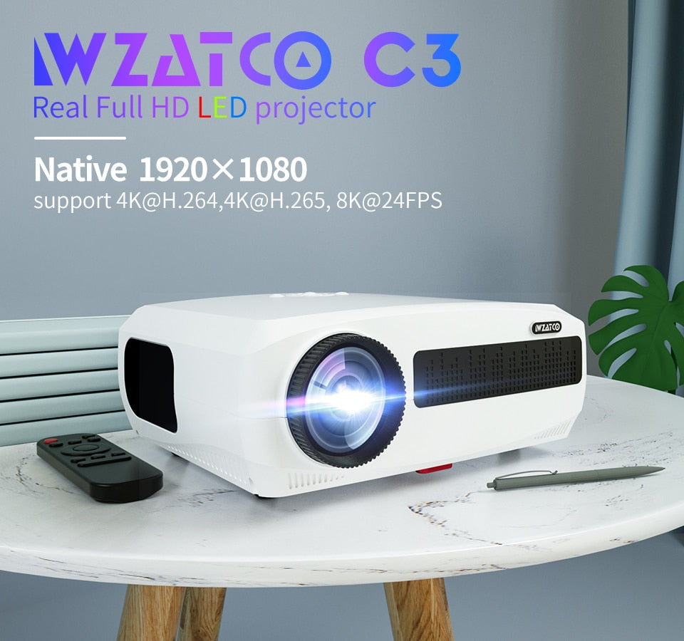 WZATCO C3 4D Keystone LED Projector 4K Android 10.0 WIFI 1920*1080P Proyector Home Theater 3D Media Video player Game Beamer