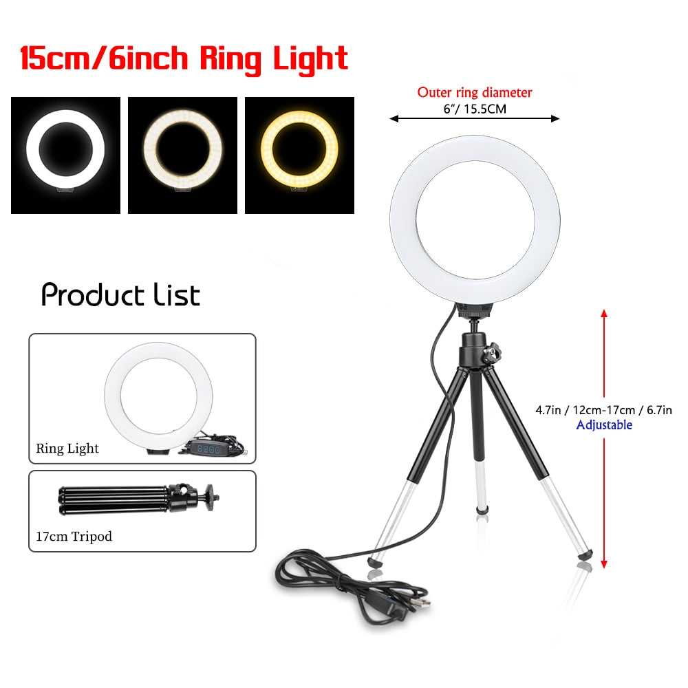 SH 16cm 6 inch Ring Light With Tripod Stand Usb Charge Selfie Led Lamp Dimmable Photography Light For Photo Photography Studio