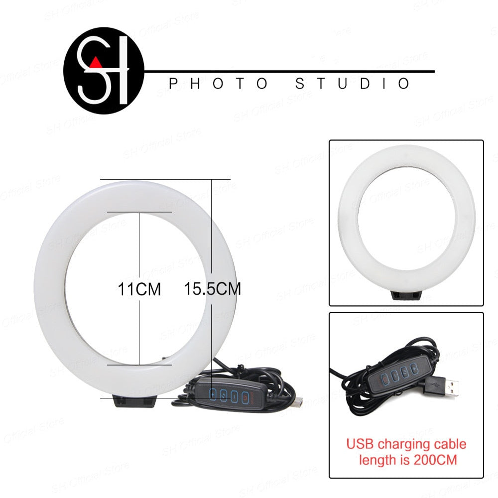 SH 16cm 6 inch Ring Light With Tripod Stand Usb Charge Selfie Led Lamp Dimmable Photography Light For Photo Photography Studio