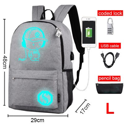 Anime Luminous Oxford School Backpack Daypack Shoulder Under 17inch with USB Charging Port and Lock School Bag For Boy Black