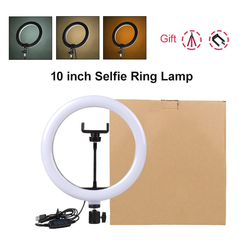 PYNSSEU 26cm LED Ring Light with 1.1/1.6/2.0M RGB lamp Stand Dimmable 10" Selfie Ring Lamp with Phone Clip for Youtube Makeup