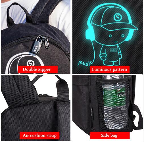 Anime Luminous Oxford School Backpack Daypack Shoulder Under 17inch with USB Charging Port and Lock School Bag For Boy Black