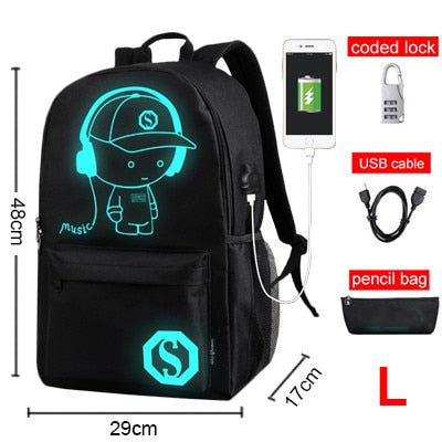 Anime Luminous Oxford School Backpack Daypack Shoulder Under 17inch with USB Charging Port and Lock School Bag For Boy Black