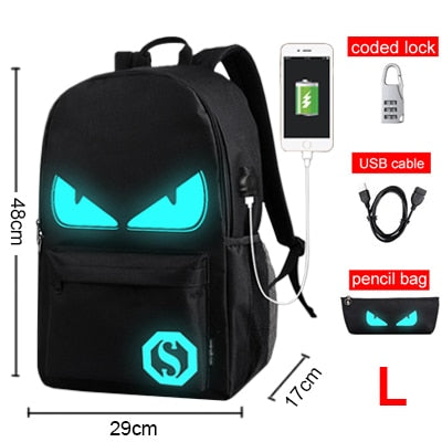 Anime Luminous Oxford School Backpack Daypack Shoulder Under 17inch with USB Charging Port and Lock School Bag For Boy Black