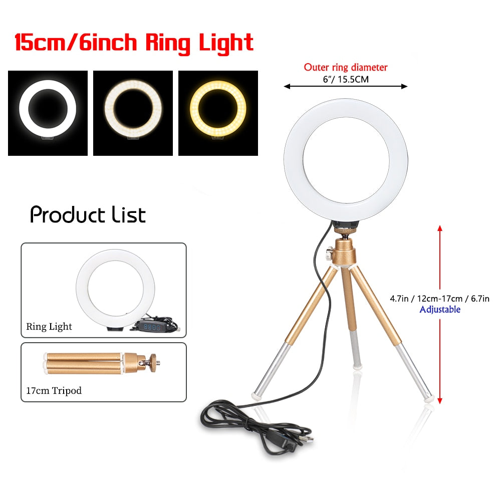 SH 16cm 6 inch Ring Light With Tripod Stand Usb Charge Selfie Led Lamp Dimmable Photography Light For Photo Photography Studio