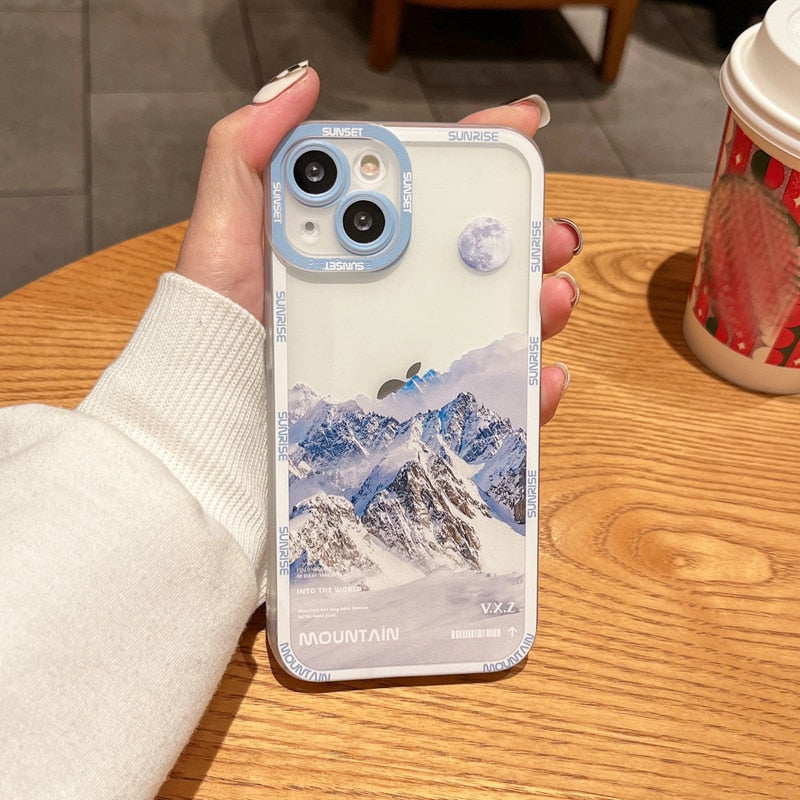 Sunset Moon Snow Mountain Phone Case For iPhone