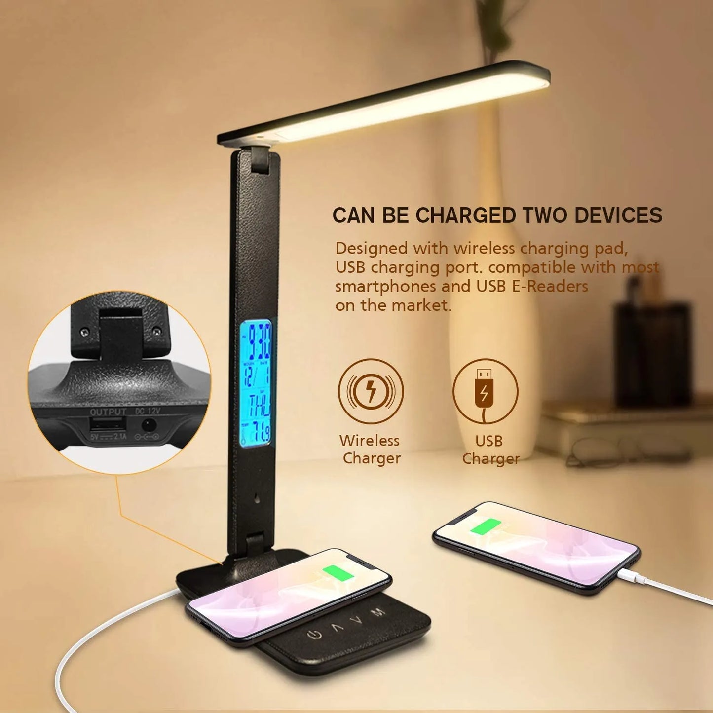 LAOPAO 10W QI Wireless Charging LED Desk Lamp With Calendar Temperature