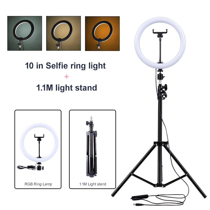 PYNSSEU 26cm LED Ring Light with 1.1/1.6/2.0M RGB lamp Stand Dimmable 10" Selfie Ring Lamp with Phone Clip for Youtube Makeup