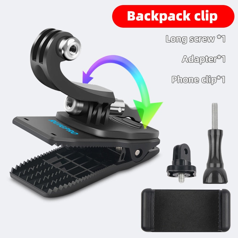 for Go Pro Accessories 360-Degree Rotation backpack bag Clip clamp For GoPro Hero11 10 9 8 7 6 5Xiaomi yi for SJCAM SJ4000 Phone