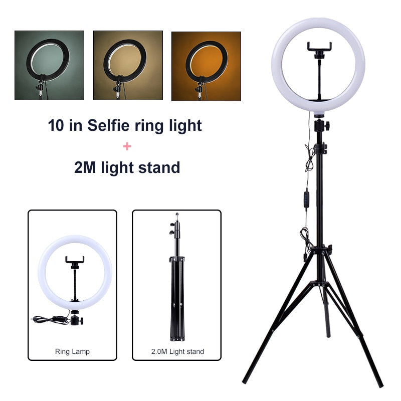 PYNSSEU 26cm LED Ring Light with 1.1/1.6/2.0M RGB lamp Stand Dimmable 10" Selfie Ring Lamp with Phone Clip for Youtube Makeup