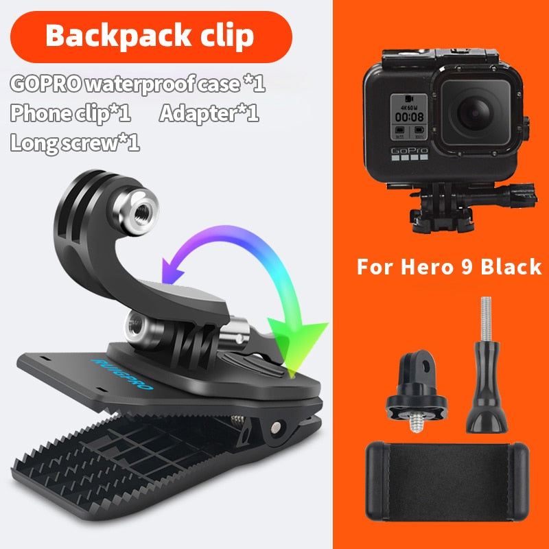 for Go Pro Accessories 360-Degree Rotation backpack bag Clip clamp For GoPro Hero11 10 9 8 7 6 5Xiaomi yi for SJCAM SJ4000 Phone