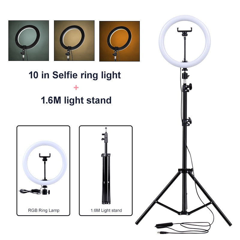 PYNSSEU 26cm LED Ring Light with 1.1/1.6/2.0M RGB lamp Stand Dimmable 10" Selfie Ring Lamp with Phone Clip for Youtube Makeup