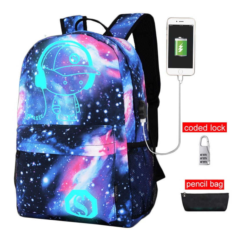 Anime Luminous Oxford School Backpack Daypack Shoulder Under 17inch with USB Charging Port and Lock School Bag For Boy Black