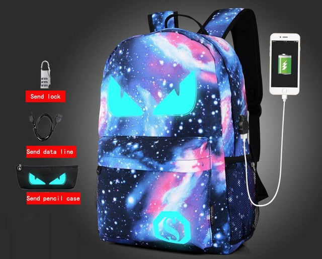 Anime Luminous Oxford School Backpack Daypack Shoulder Under 17inch with USB Charging Port and Lock School Bag For Boy Black