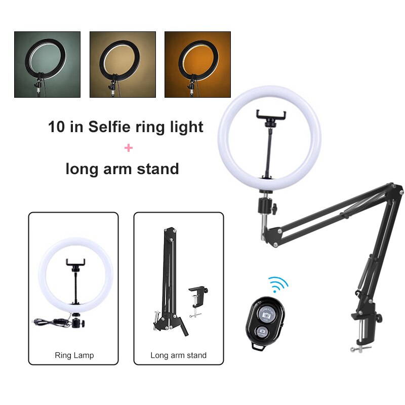 PYNSSEU 26cm LED Ring Light with 1.1/1.6/2.0M RGB lamp Stand Dimmable 10" Selfie Ring Lamp with Phone Clip for Youtube Makeup