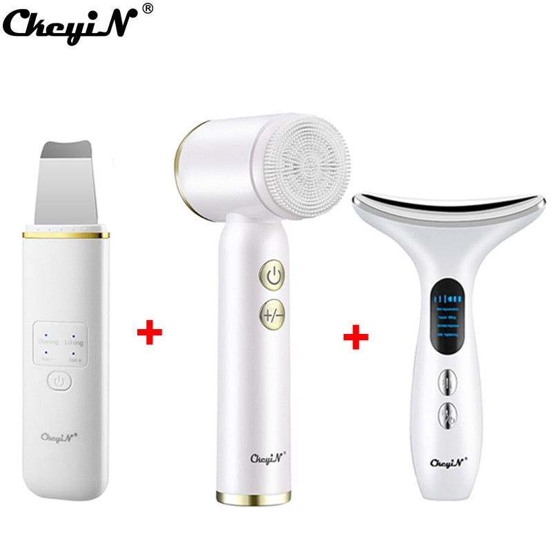 CkeyiN EMS Face Massager Light Therapy Machine+Ultrasonic Skin Scrubber+Electric Face Massage Cleaning Brush+Neck Beauty Device