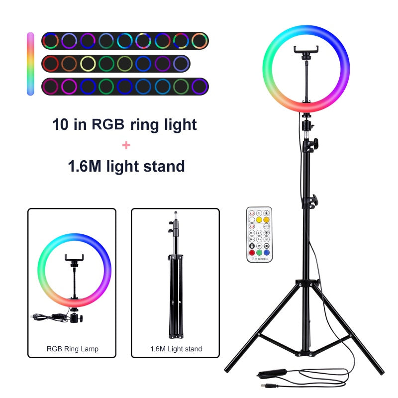 PYNSSEU 26cm LED Ring Light with 1.1/1.6/2.0M RGB lamp Stand Dimmable 10" Selfie Ring Lamp with Phone Clip for Youtube Makeup