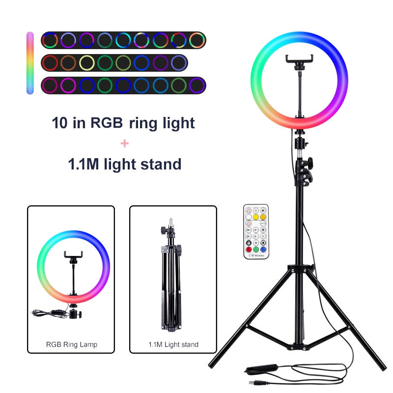 PYNSSEU 26cm LED Ring Light with 1.1/1.6/2.0M RGB lamp Stand Dimmable 10" Selfie Ring Lamp with Phone Clip for Youtube Makeup