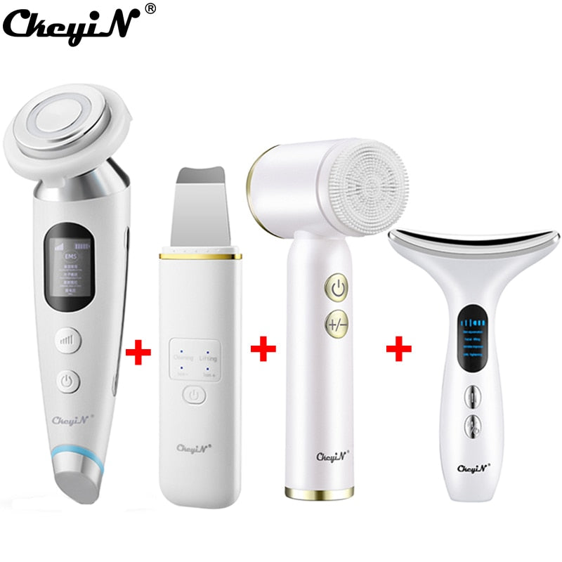 CkeyiN EMS Face Massager Light Therapy Machine+Ultrasonic Skin Scrubber+Electric Face Massage Cleaning Brush+Neck Beauty Device