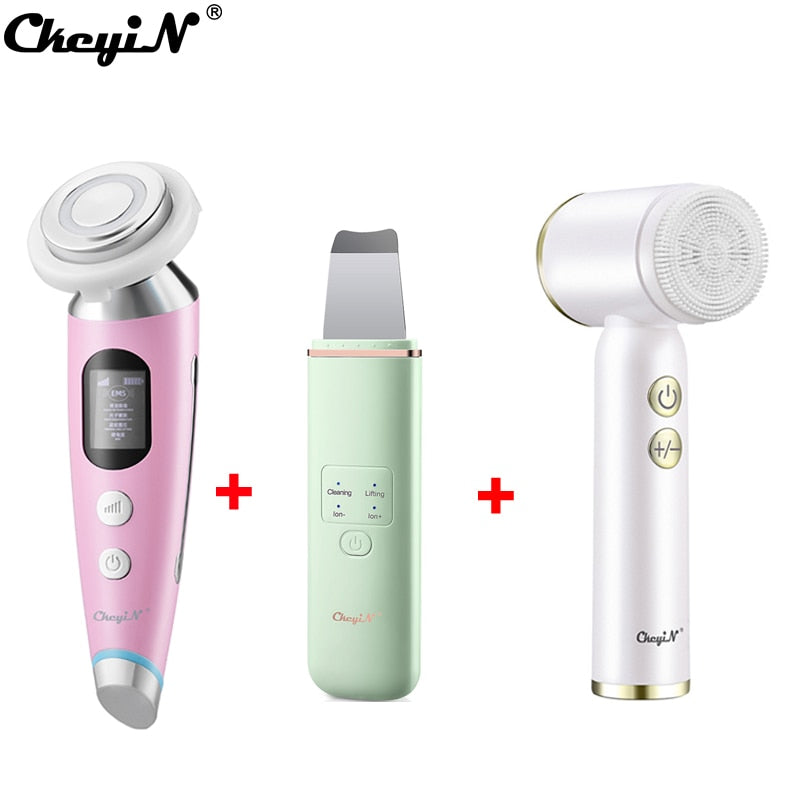 CkeyiN EMS Face Massager Light Therapy Machine+Ultrasonic Skin Scrubber+Electric Face Massage Cleaning Brush+Neck Beauty Device