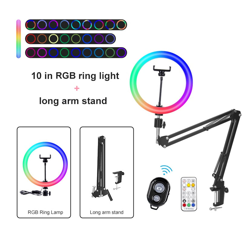 PYNSSEU 26cm LED Ring Light with 1.1/1.6/2.0M RGB lamp Stand Dimmable 10" Selfie Ring Lamp with Phone Clip for Youtube Makeup