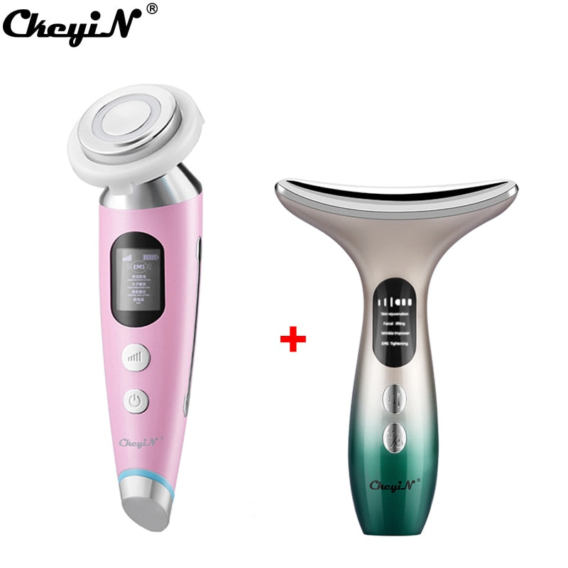 CkeyiN EMS Face Massager Light Therapy Machine+Ultrasonic Skin Scrubber+Electric Face Massage Cleaning Brush+Neck Beauty Device