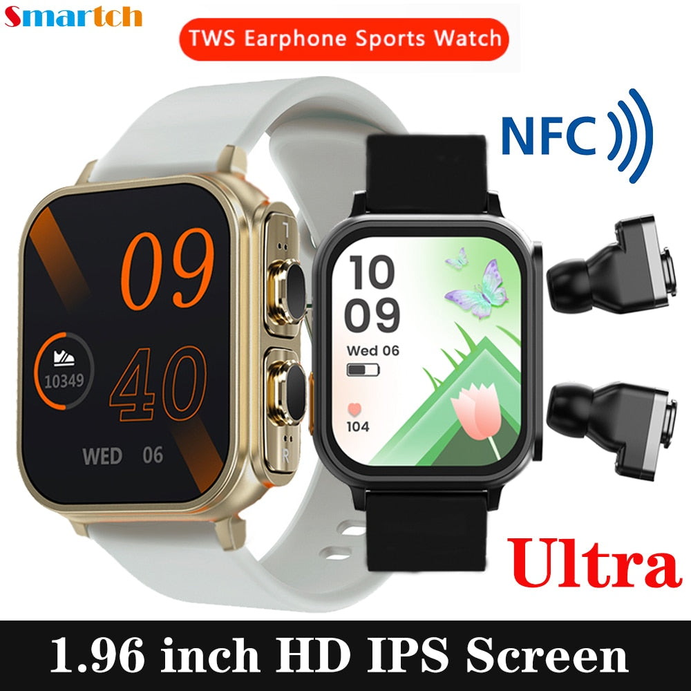 2 In 1 Wireless BlueTooth  Sports Heart Rate NFC Ultra Smartwatch