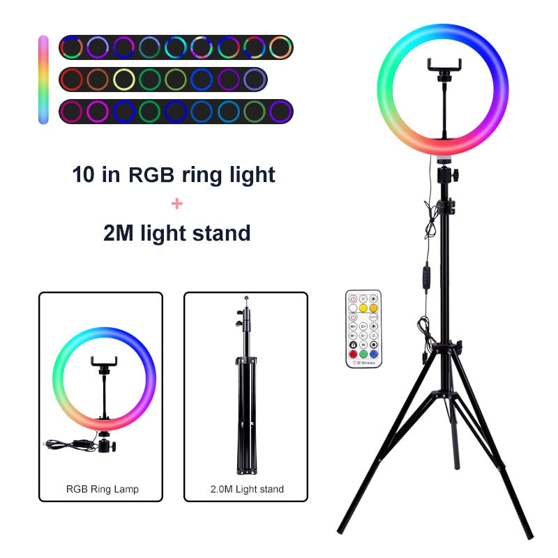 PYNSSEU 26cm LED Ring Light with 1.1/1.6/2.0M RGB lamp Stand Dimmable 10" Selfie Ring Lamp with Phone Clip for Youtube Makeup