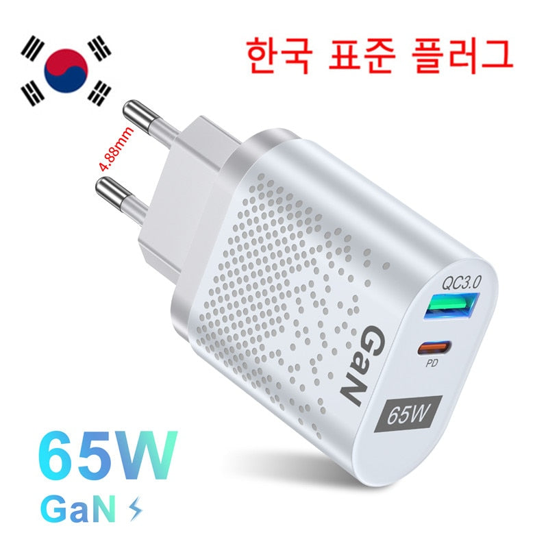 USLION 65W GaN Charger Tablet Laptop Fast Charger Type C PD Quick Charger Korean Specification Plugs Adapter For iPhone Samsung