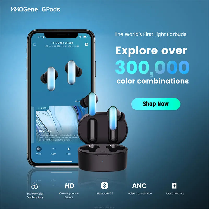 HHOGene GPods With Light Control Bluetooth 5.2 Wireless Earbuds