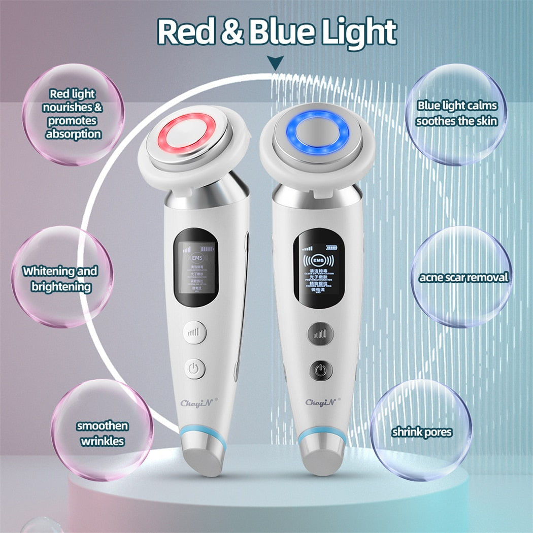 CkeyiN EMS Face Massager Light Therapy Machine+Ultrasonic Skin Scrubber+Electric Face Massage Cleaning Brush+Neck Beauty Device