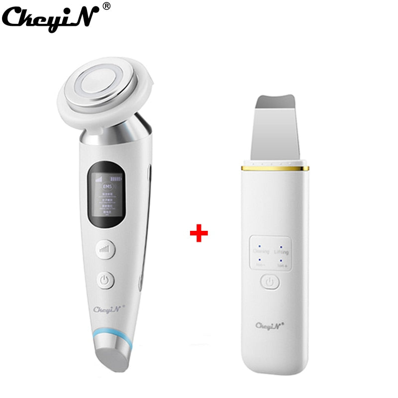 CkeyiN EMS Face Massager Light Therapy Machine+Ultrasonic Skin Scrubber+Electric Face Massage Cleaning Brush+Neck Beauty Device