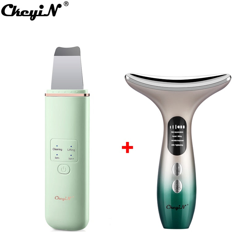 CkeyiN EMS Face Massager Light Therapy Machine+Ultrasonic Skin Scrubber+Electric Face Massage Cleaning Brush+Neck Beauty Device