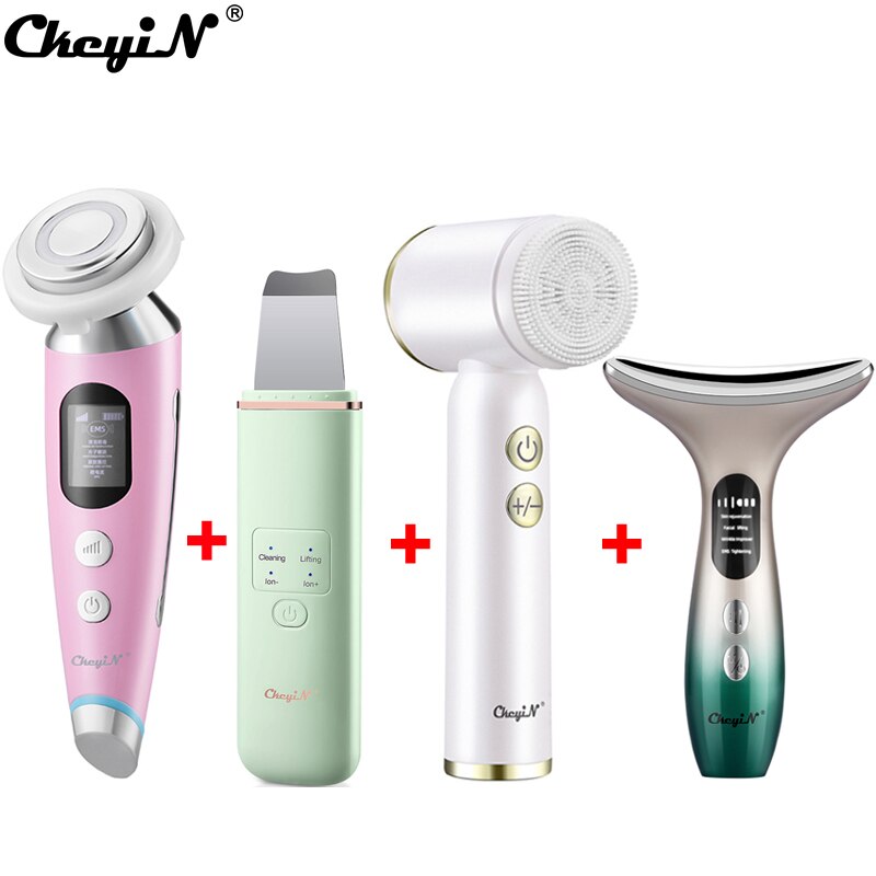 CkeyiN EMS Face Massager Light Therapy Machine+Ultrasonic Skin Scrubber+Electric Face Massage Cleaning Brush+Neck Beauty Device