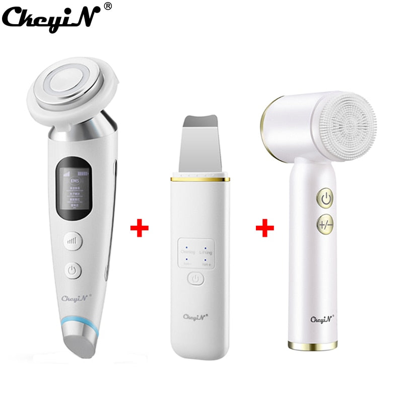 CkeyiN EMS Face Massager Light Therapy Machine+Ultrasonic Skin Scrubber+Electric Face Massage Cleaning Brush+Neck Beauty Device