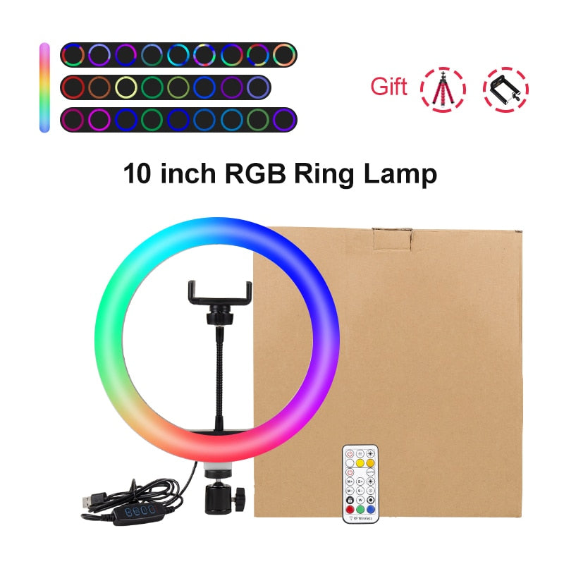 PYNSSEU 26cm LED Ring Light with 1.1/1.6/2.0M RGB lamp Stand Dimmable 10" Selfie Ring Lamp with Phone Clip for Youtube Makeup