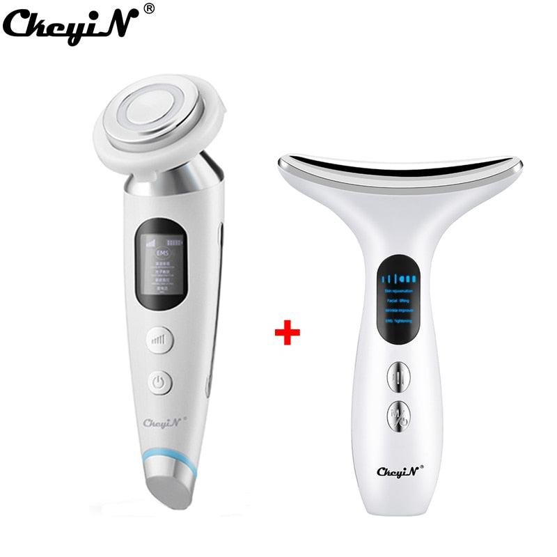 CkeyiN EMS Face Massager Light Therapy Machine+Ultrasonic Skin Scrubber+Electric Face Massage Cleaning Brush+Neck Beauty Device