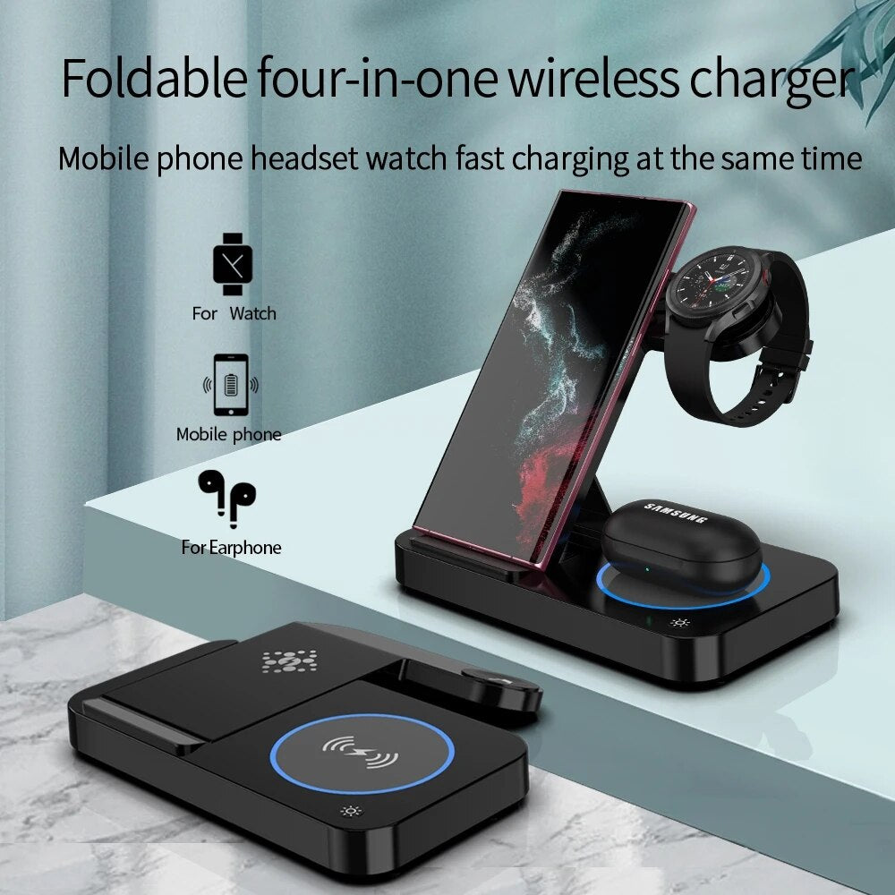 4 In 1 Foldable Fast Wireless Charging Station For iPhone 14 13 12 Apple Watch 7/6 Samsung S22 S21 Galaxy Watch Chargers Stand