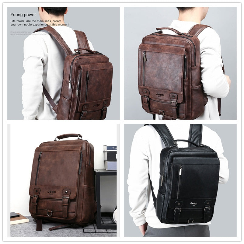 JEEP BULUO Fashion Leather Men Backpack Business