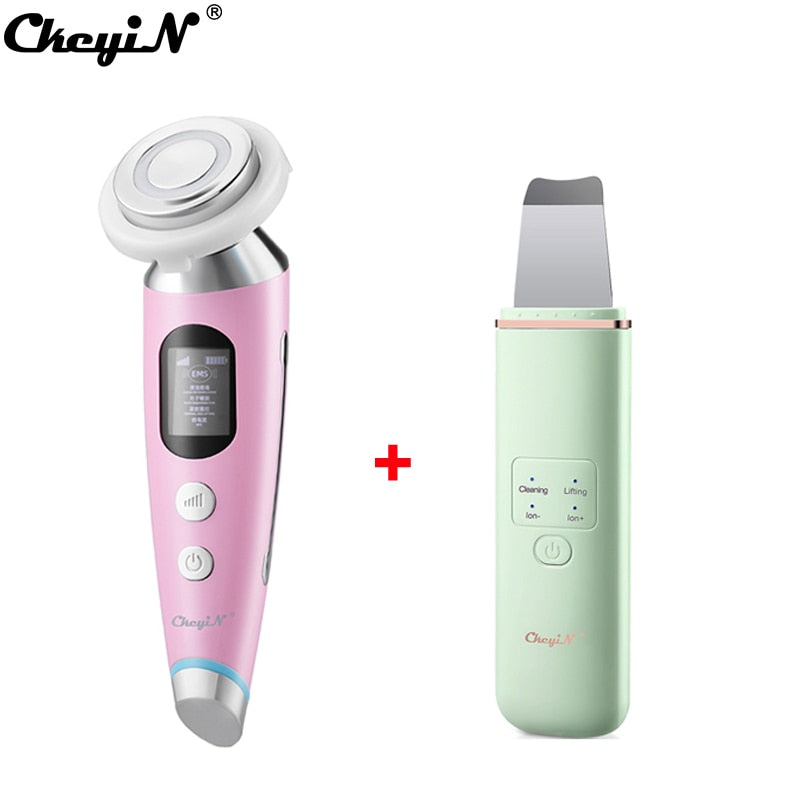 CkeyiN EMS Face Massager Light Therapy Machine+Ultrasonic Skin Scrubber+Electric Face Massage Cleaning Brush+Neck Beauty Device