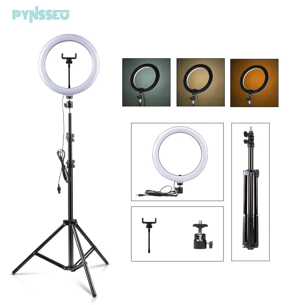 PYNSSEU 26cm LED Ring Light with 1.1/1.6/2.0M RGB lamp Stand Dimmable 10" Selfie Ring Lamp with Phone Clip for Youtube Makeup