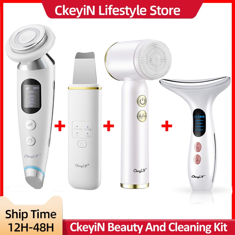 CkeyiN EMS Face Massager Light Therapy Machine+Ultrasonic Skin Scrubber+Electric Face Massage Cleaning Brush+Neck Beauty Device