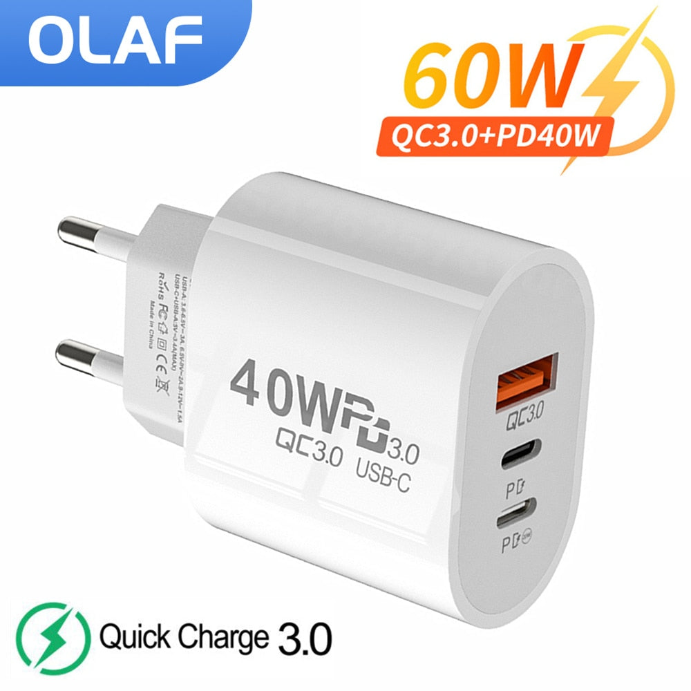 Olaf USB C Charger 60W Fast Charging Charger 3Ports Type C