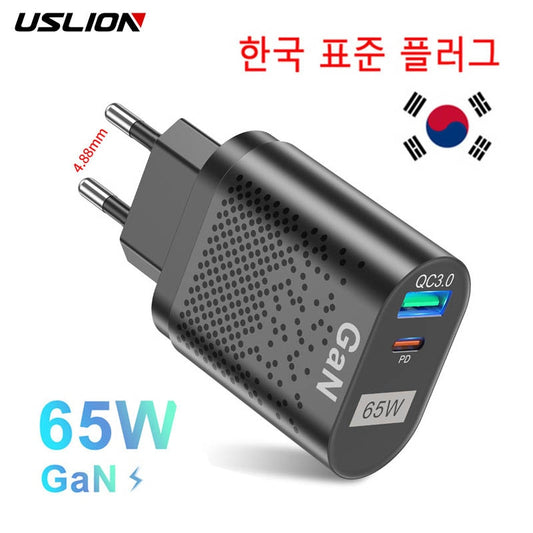 USLION 65W GaN Charger Tablet Laptop Fast Charger Type C PD Quick Charger Korean Specification Plugs Adapter For iPhone Samsung