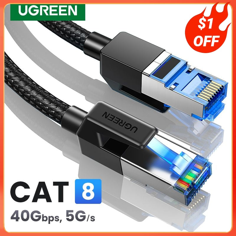 UGREEN CAT8 Ethernet Cable 40Gbps 2000MHz CAT 8 Networking Cotton Braided Internet Lan Cord for Laptops PS 4 Router RJ45 Cable