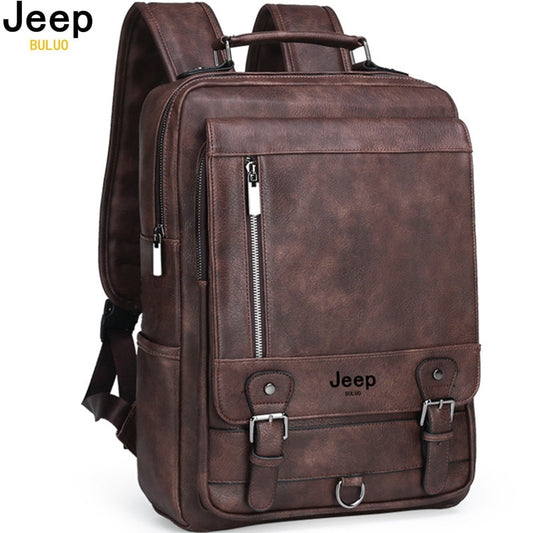 JEEP BULUO Fashion Leather Men Backpack Business